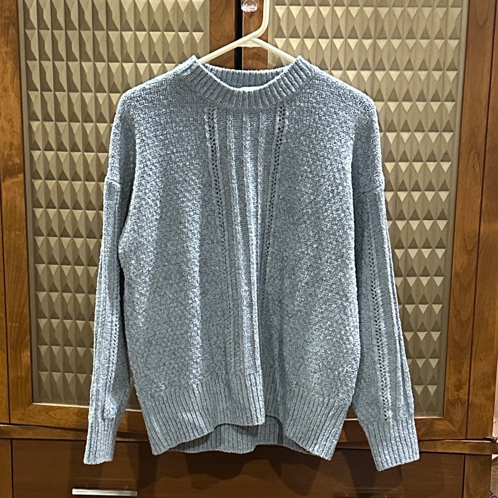 Lucky Brand Women's Textured Chenille Steel Blue Crewneck Sweater